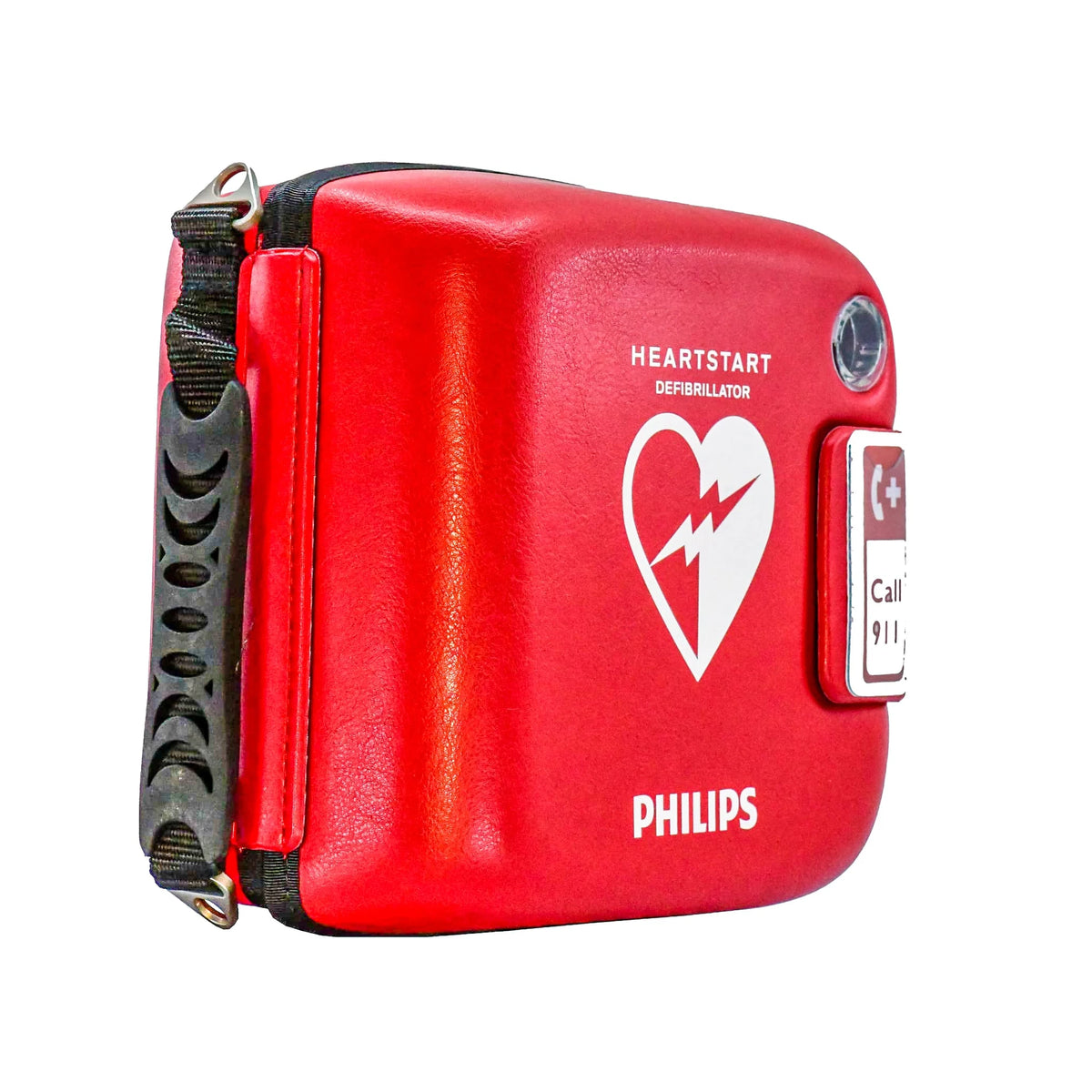 Philips HeartStart FRx carry case, red semi-rigid case with black handle and HeartStart heart logo, angled view