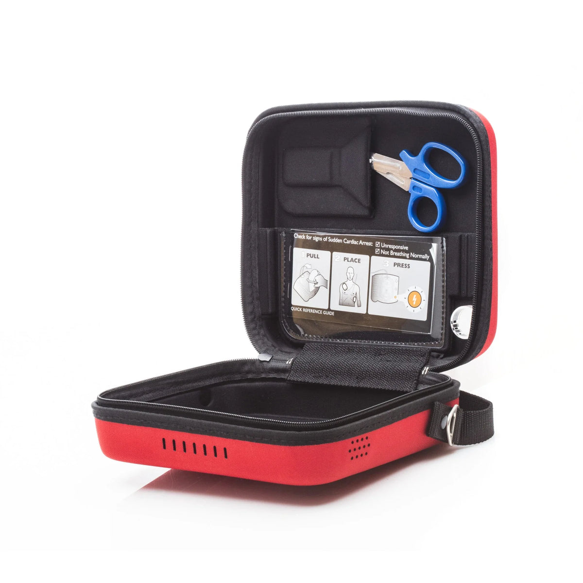 Philips HeartStart OnSite AED slim carry case open and empty, showing medical shears and quick reference pocket
