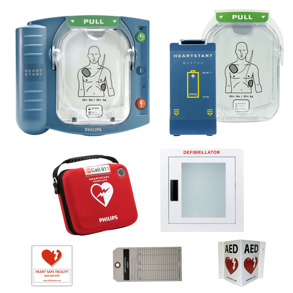 Philips HeartStart OnSite AED value package contents grid: OnSite defibrillator with pads cartridge open, M5070A battery, red carrying case, wall cabinet, and AED wall sign