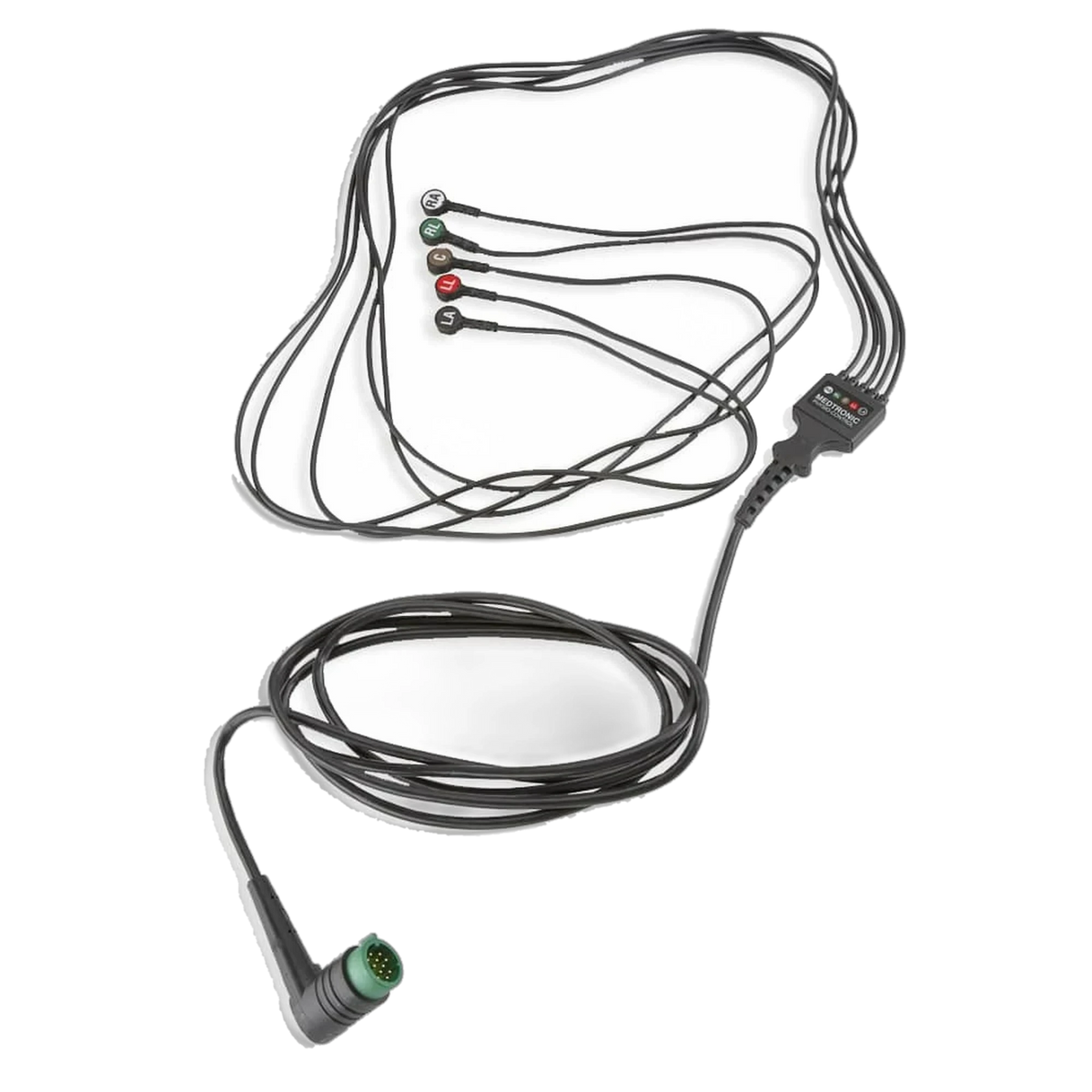 Physio-Control 5-wire ECG cable, black cable with five snap lead wires and green connector