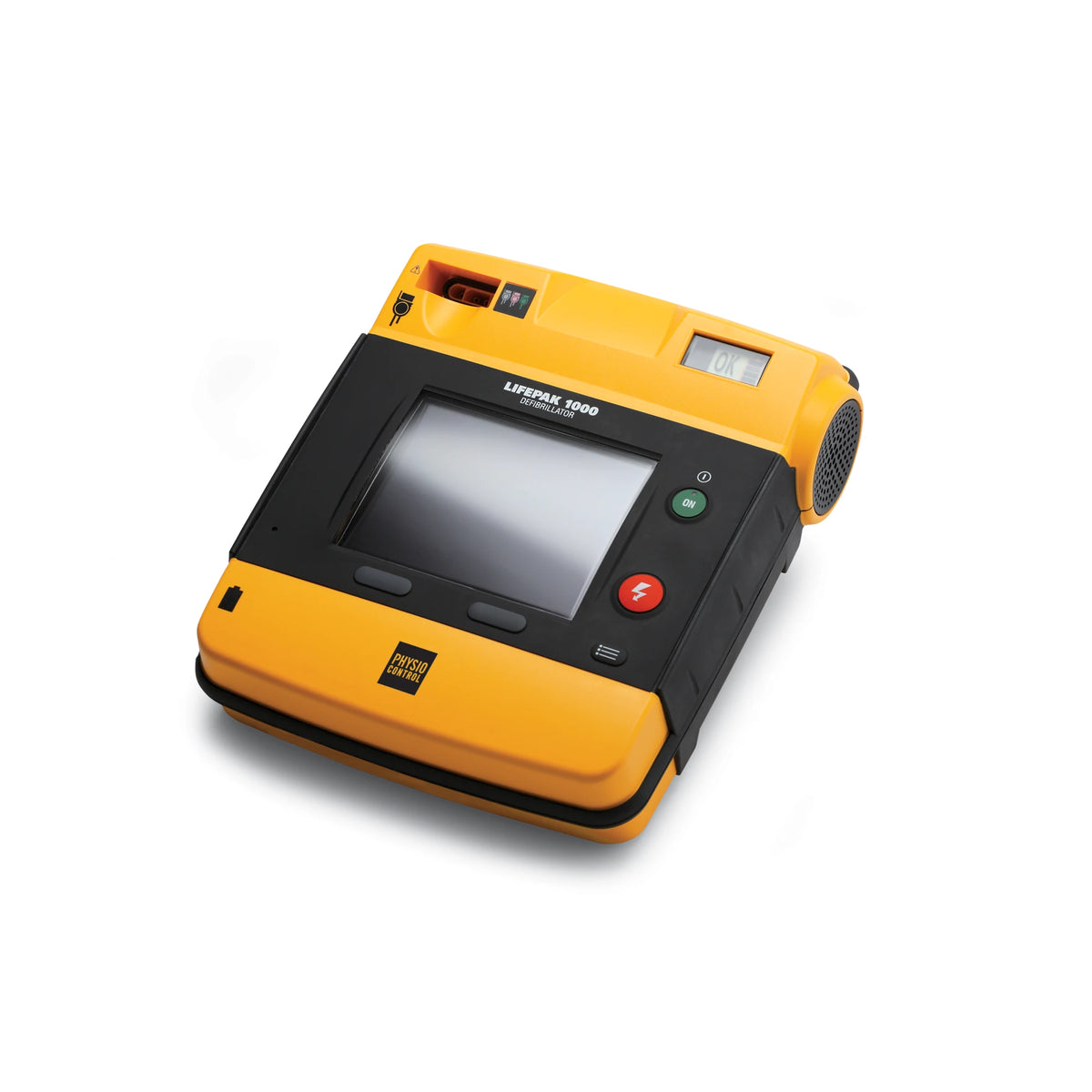 Physio-Control LIFEPAK 1000 defibrillator angled 3/4 view showing the OK ready indicator and ON button
