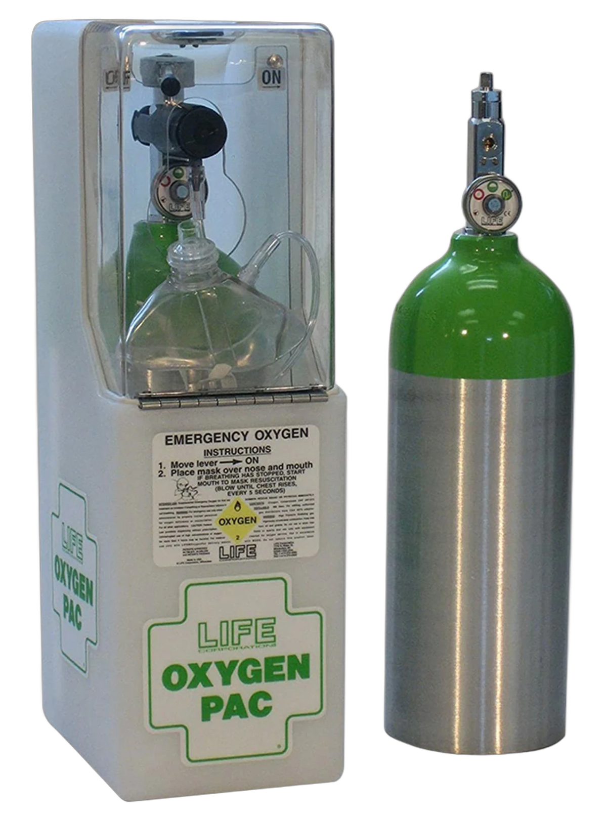 LIFE OxygenPac emergency oxygen unit beside its green aluminum oxygen cylinder