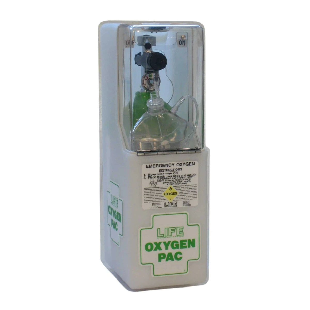 LIFE OxygenPac emergency oxygen unit with clear cover over the mask and regulator