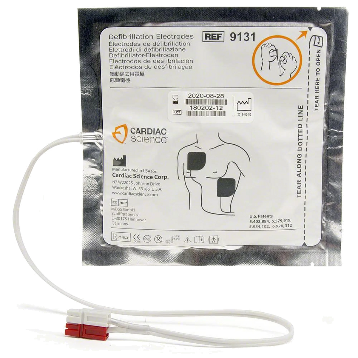 Cardiac Science Powerheart AED G3 Defibrillation Electrodes package (REF 9131), sealed foil pouch showing adult torso pad placement diagram and a red connector