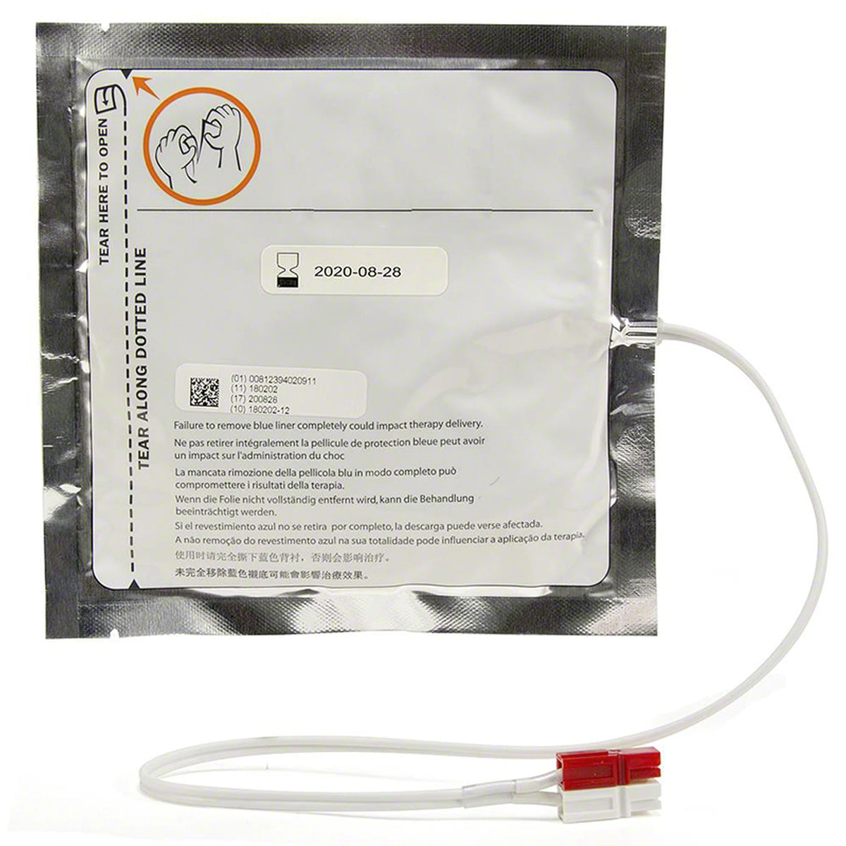 Cardiac Science Powerheart AED G3 Defibrillation Electrodes package (REF 9660), sealed foil pouch showing adult torso pad placement diagram and a red connector