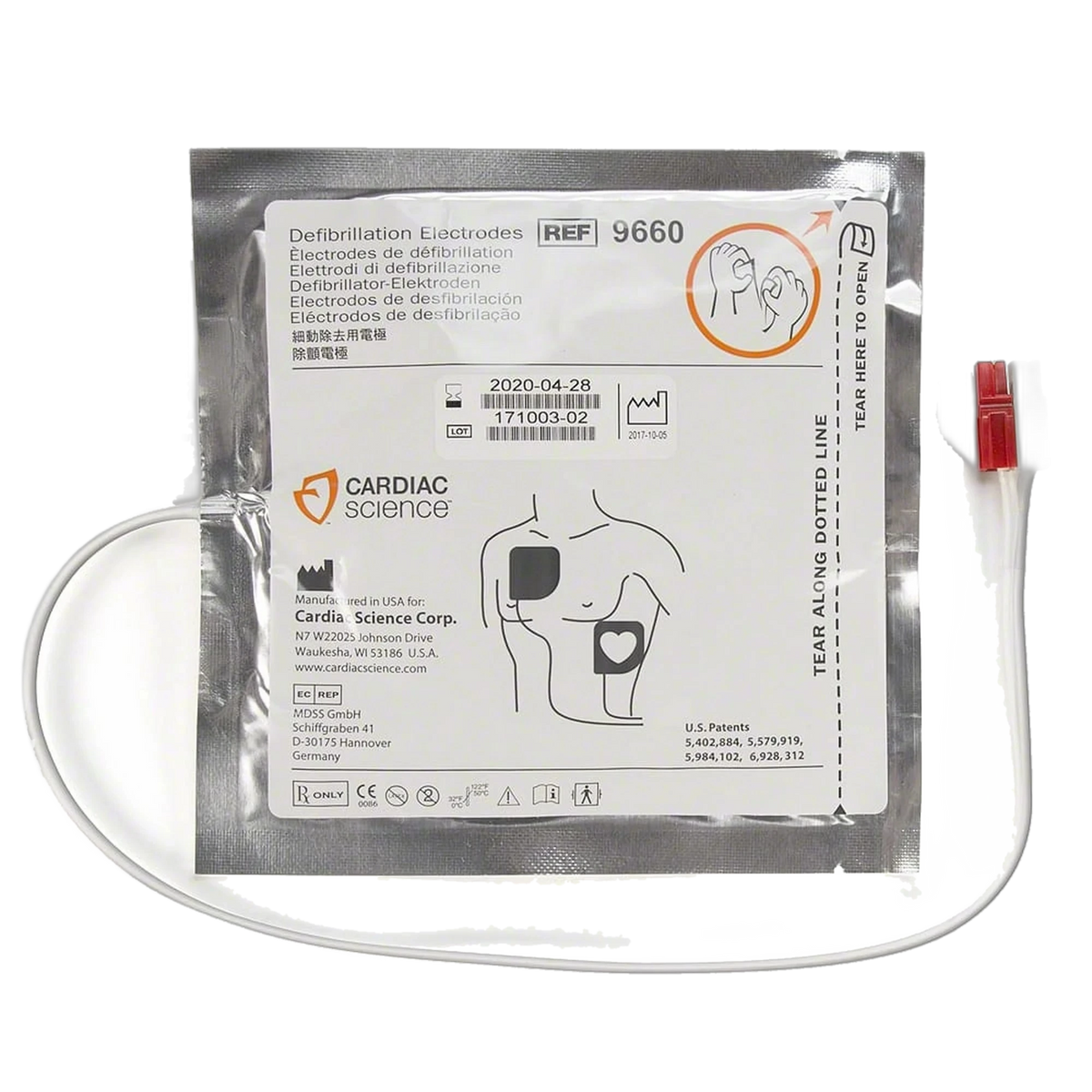Cardiac Science Powerheart AED G3 Pro Defibrillation Electrodes package (REF 9660), sealed foil pouch front label with adult torso pad placement diagram