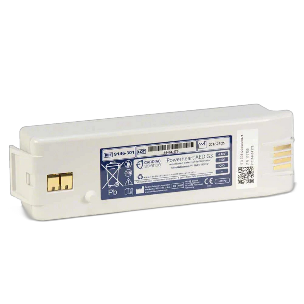 Cardiac Science Powerheart AED G3 IntelliSense white rectangular battery pack labeled REF 9146-301, angled view showing gold contact terminals