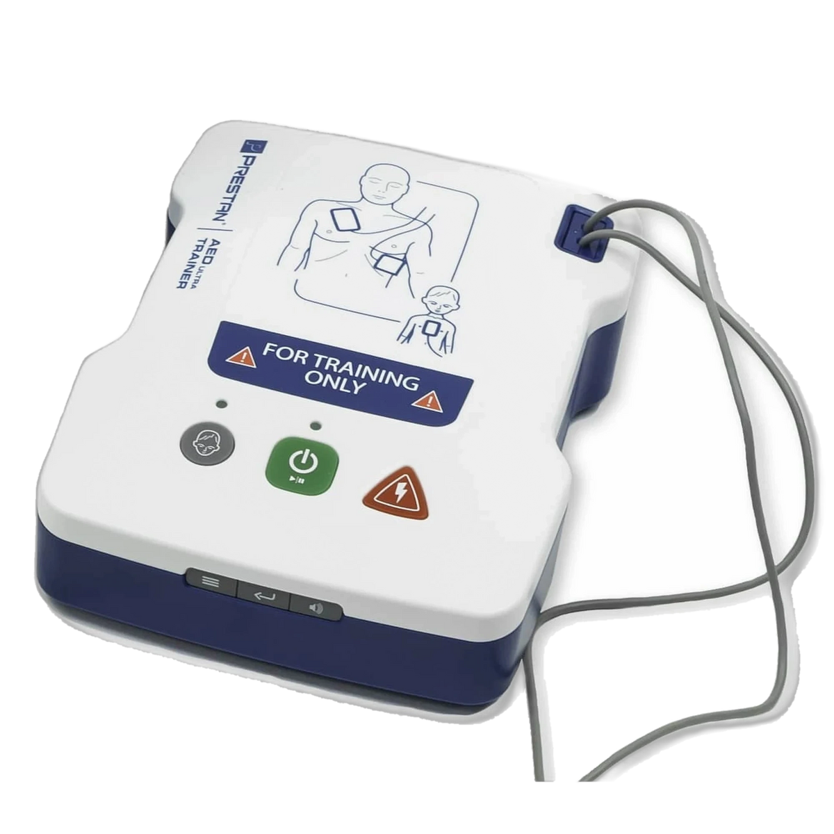 Prestan AED UltraTrainer angled view with electrode pad placement diagram and training cable attached