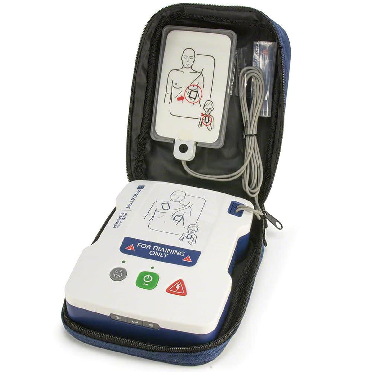 Prestan AED UltraTrainer open in its carry case showing the training pad diagram and coiled cable