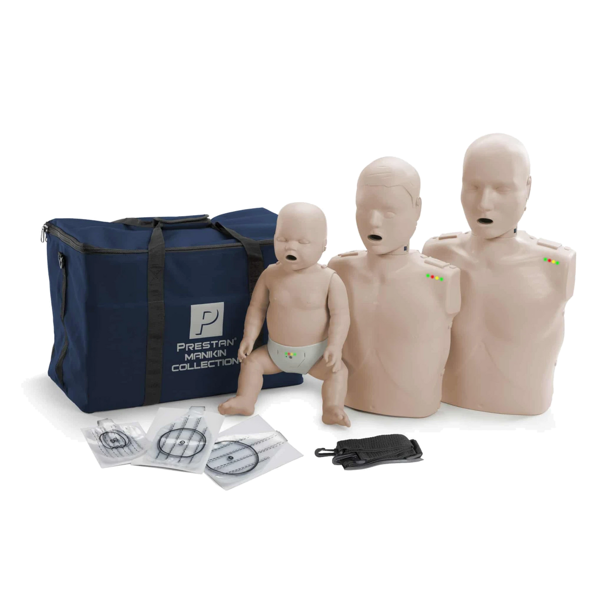 PRESTAN Manikin Collection with adult, child, and infant CPR manikins, medium skin tone, navy carry bag, and lung bags
