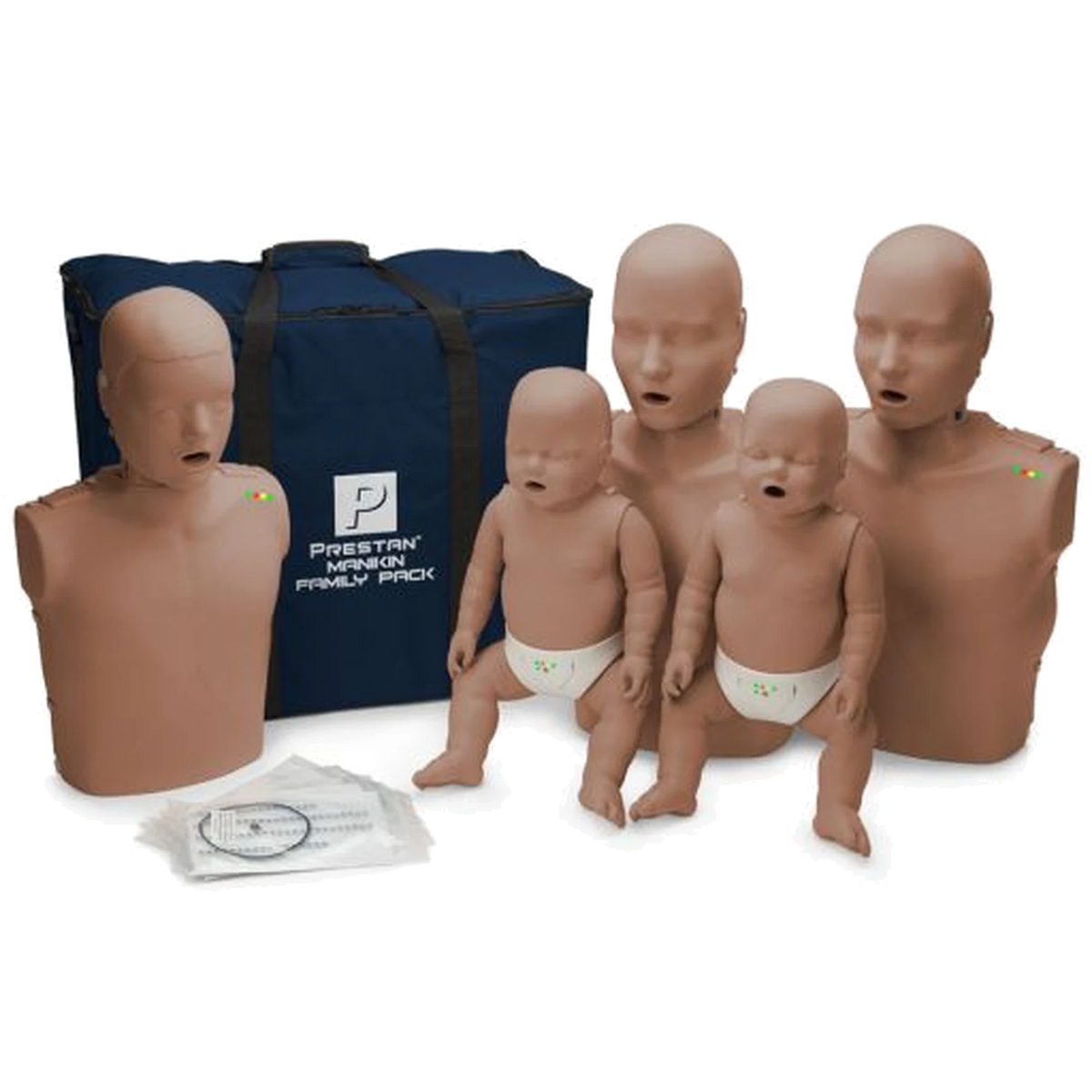 PRESTAN Manikin Family Pack with two adult, one child, and two infant CPR manikins, dark skin tone, and navy carry bag