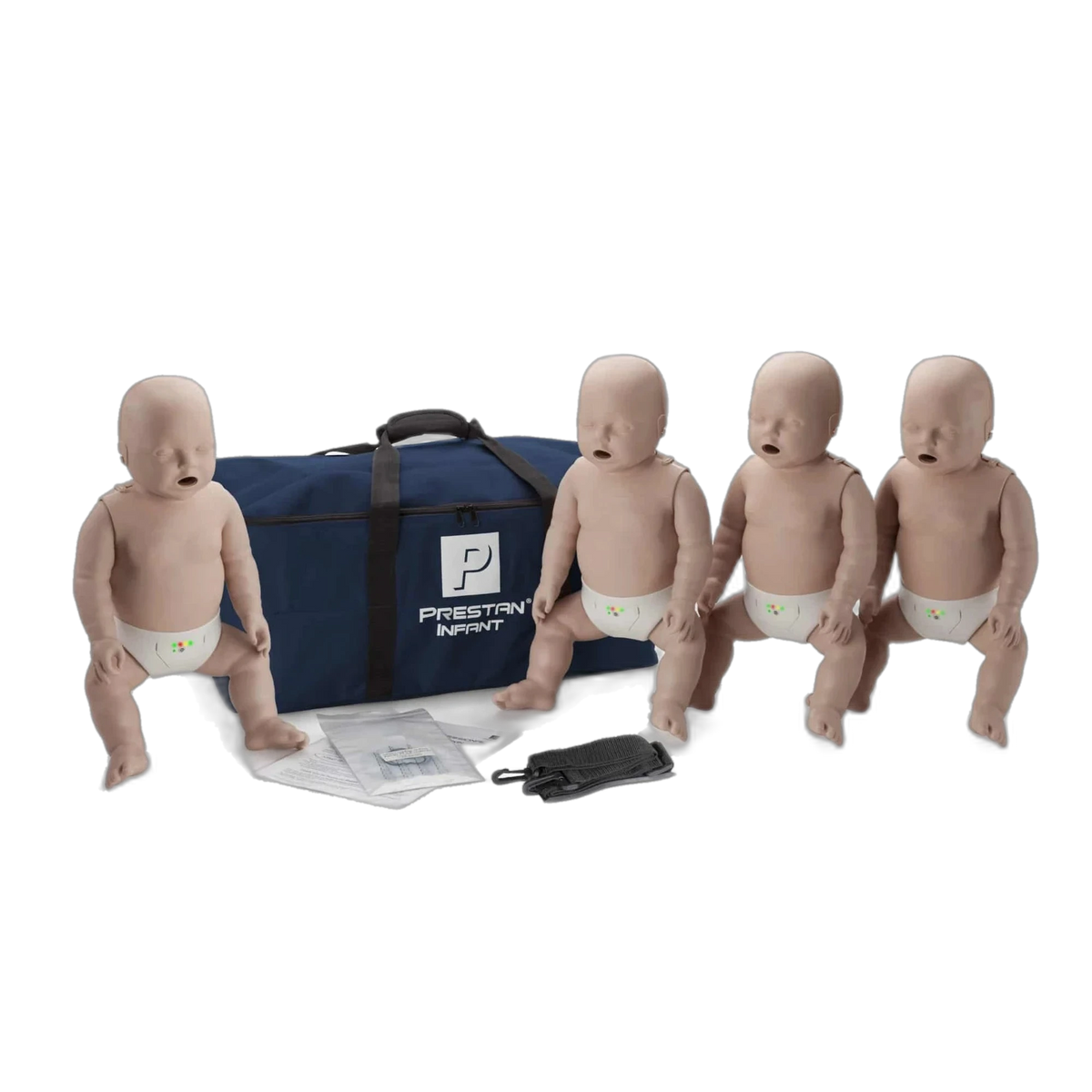 Four PRESTAN Professional infant CPR manikins, medium skin tone, with navy PRESTAN Infant carry bag and lung bags