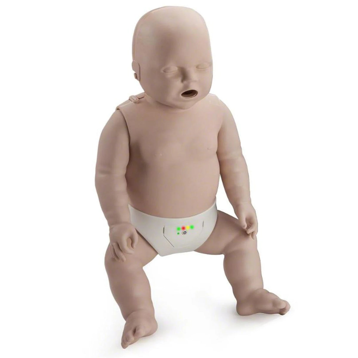 PRESTAN Professional infant CPR manikin, medium skin tone, showing the CPR rate monitor lights on the diaper
