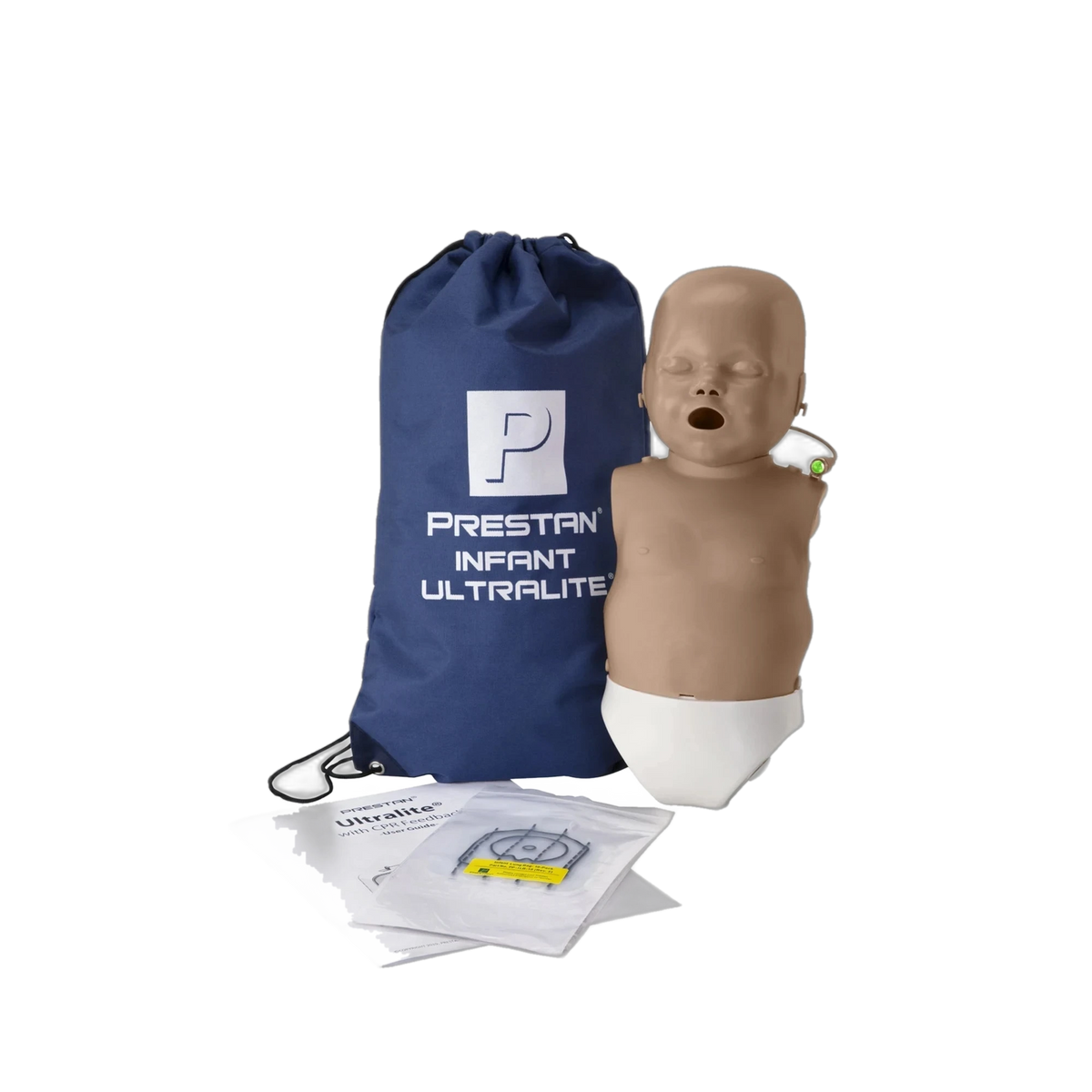 PRESTAN Infant Ultralite CPR manikin, dark skin tone, with navy drawstring carry bag and lung bags