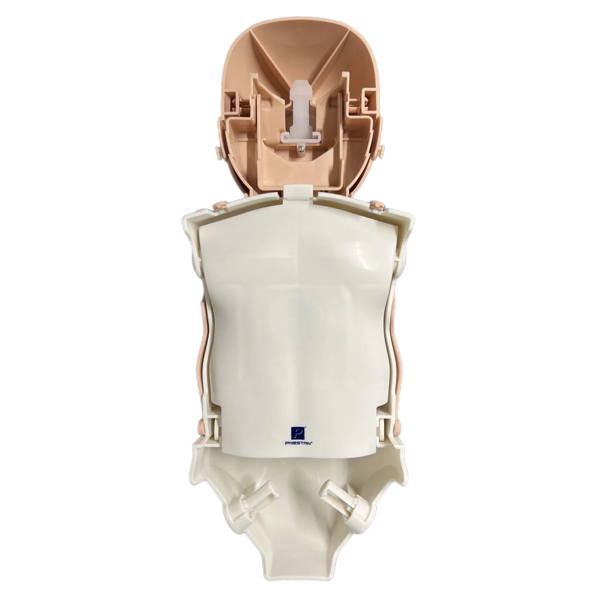 PRESTAN Infant Ultralite CPR manikin, dark skin tone, opened flat showing the inside of the head and torso shell