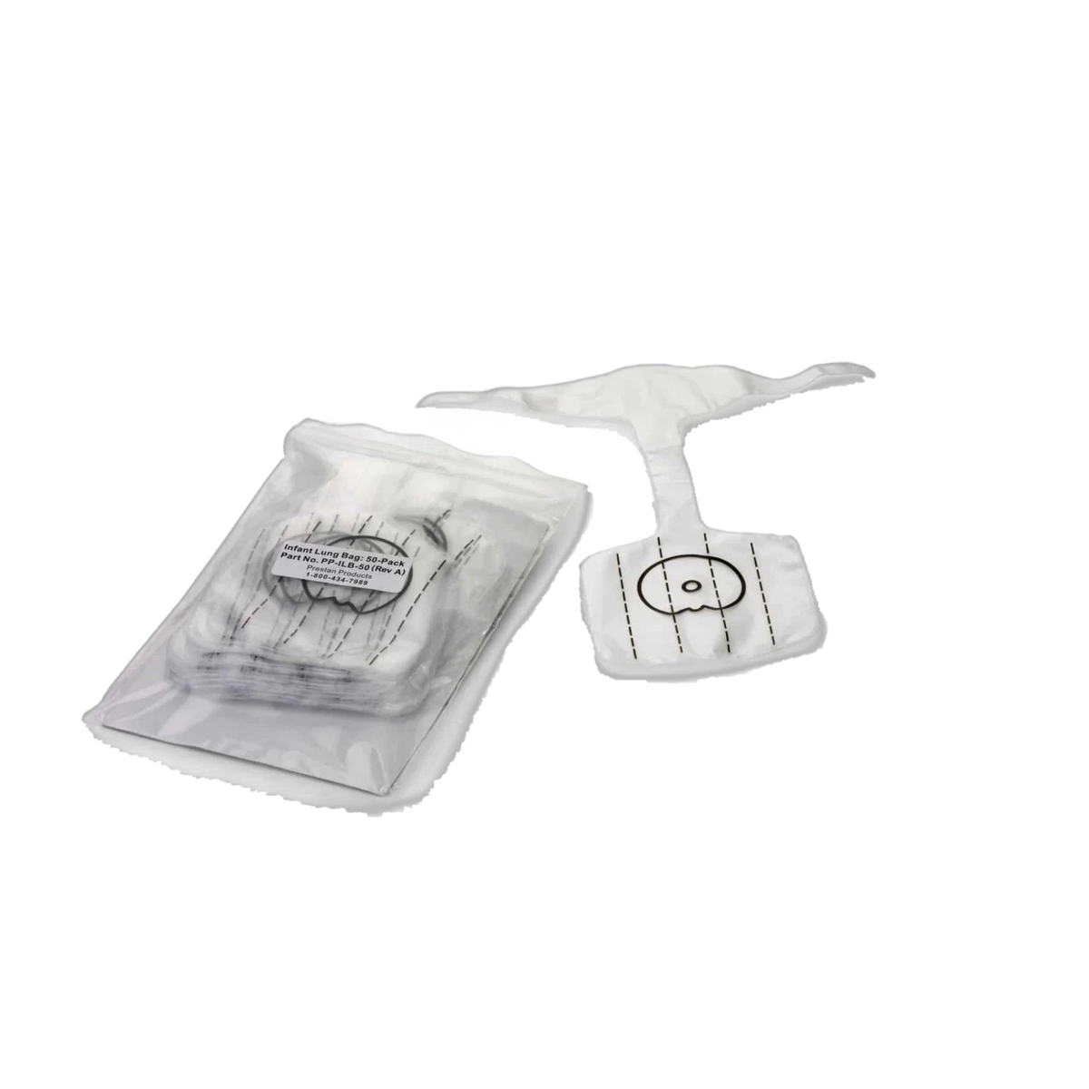PRESTAN infant manikin face-shield lung bags, one unfolded beside a sealed pack
