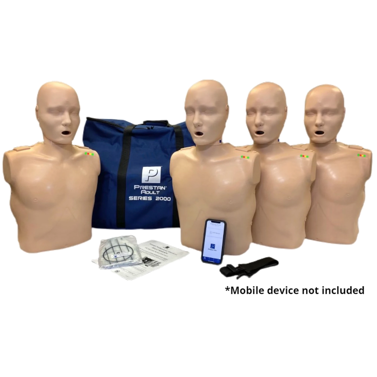 Four PRESTAN Professional Series 2000 adult CPR manikins, medium skin tone, with navy carry bag and a phone running the feedback app