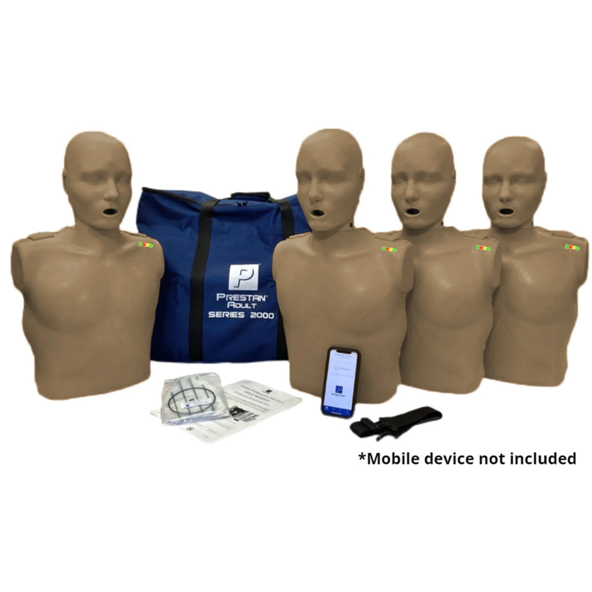 Four PRESTAN Professional Series 2000 adult CPR manikins, dark skin tone, with navy carry bag and a phone running the feedback app