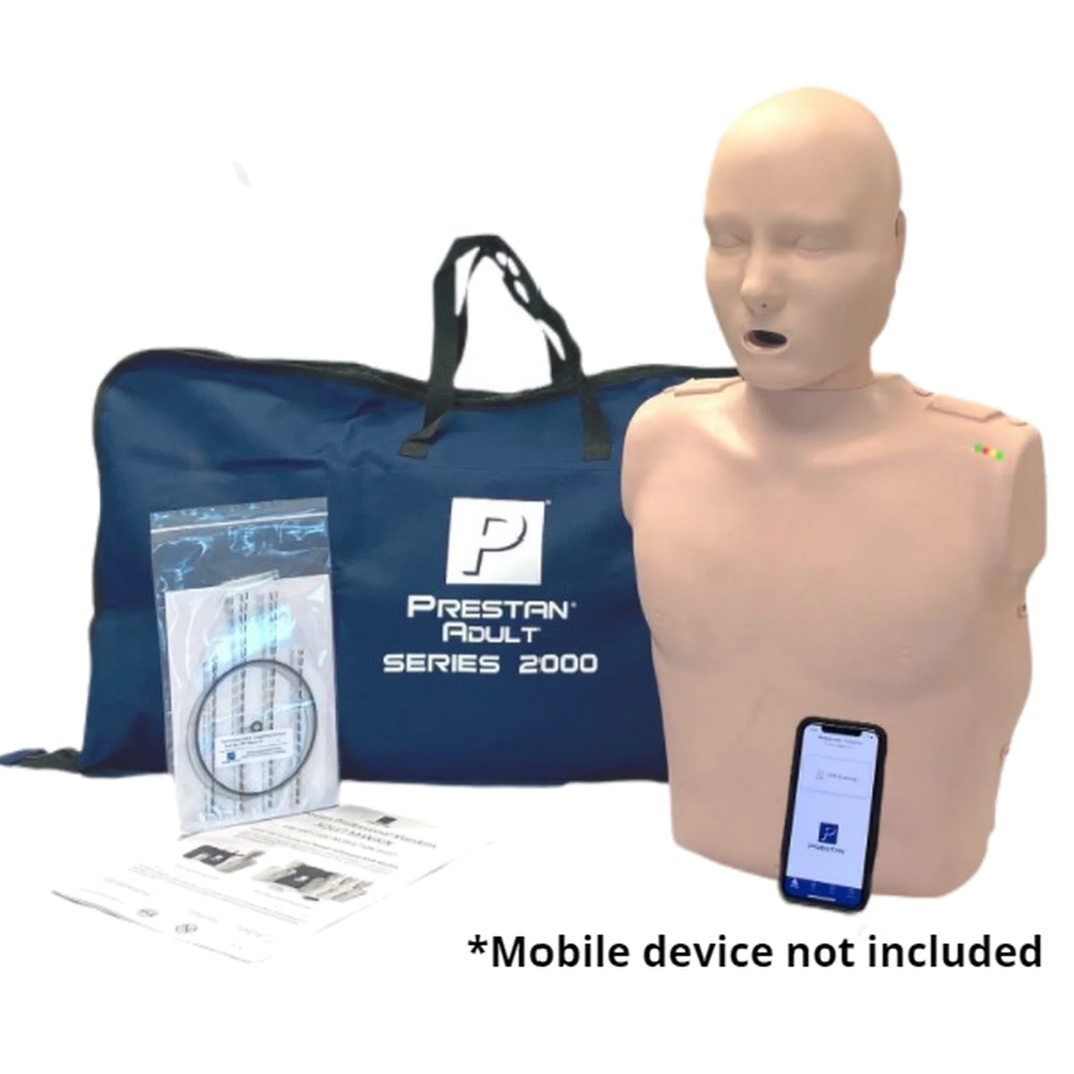 PRESTAN Professional Series 2000 adult CPR manikin, medium skin tone, with navy carry bag, lung bags, and a phone running the feedback app