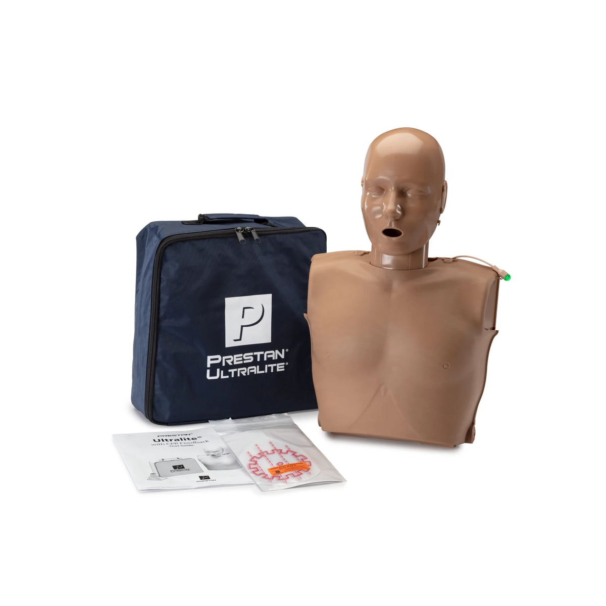 PRESTAN Ultralite adult CPR manikin, dark skin tone, with navy PRESTAN Ultralite carry bag, face-shield lung bags, and instructions