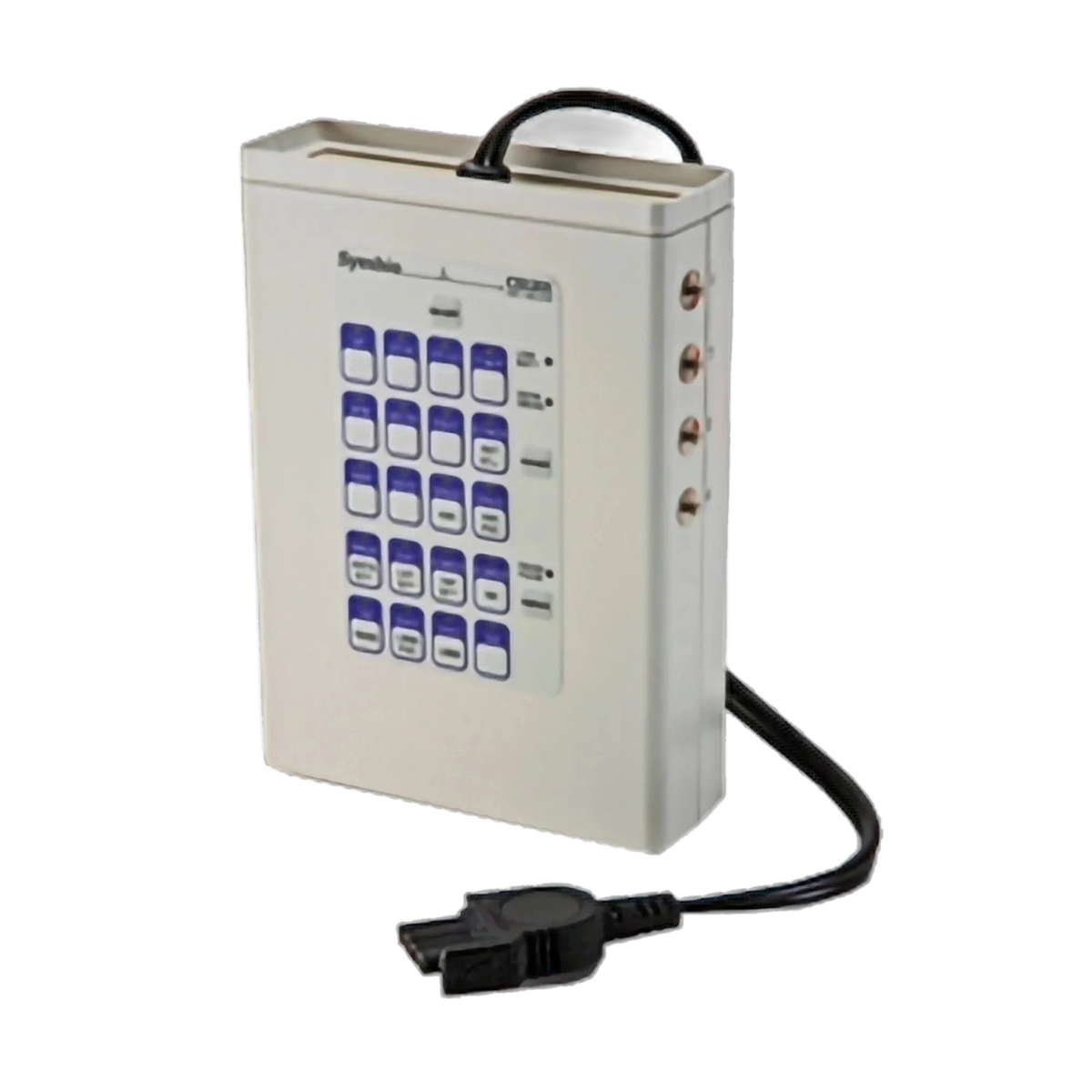 QUIK-COMBO 3-lead patient simulator, gray box with blue rhythm selection buttons and cable