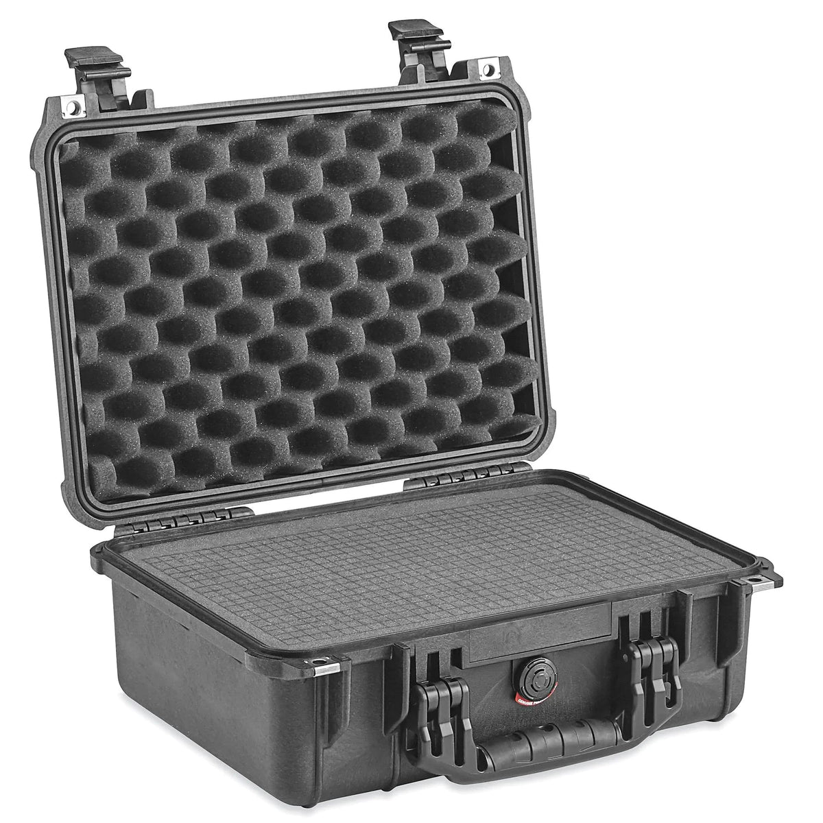 Small AED protective carry case, open showing the foam lining