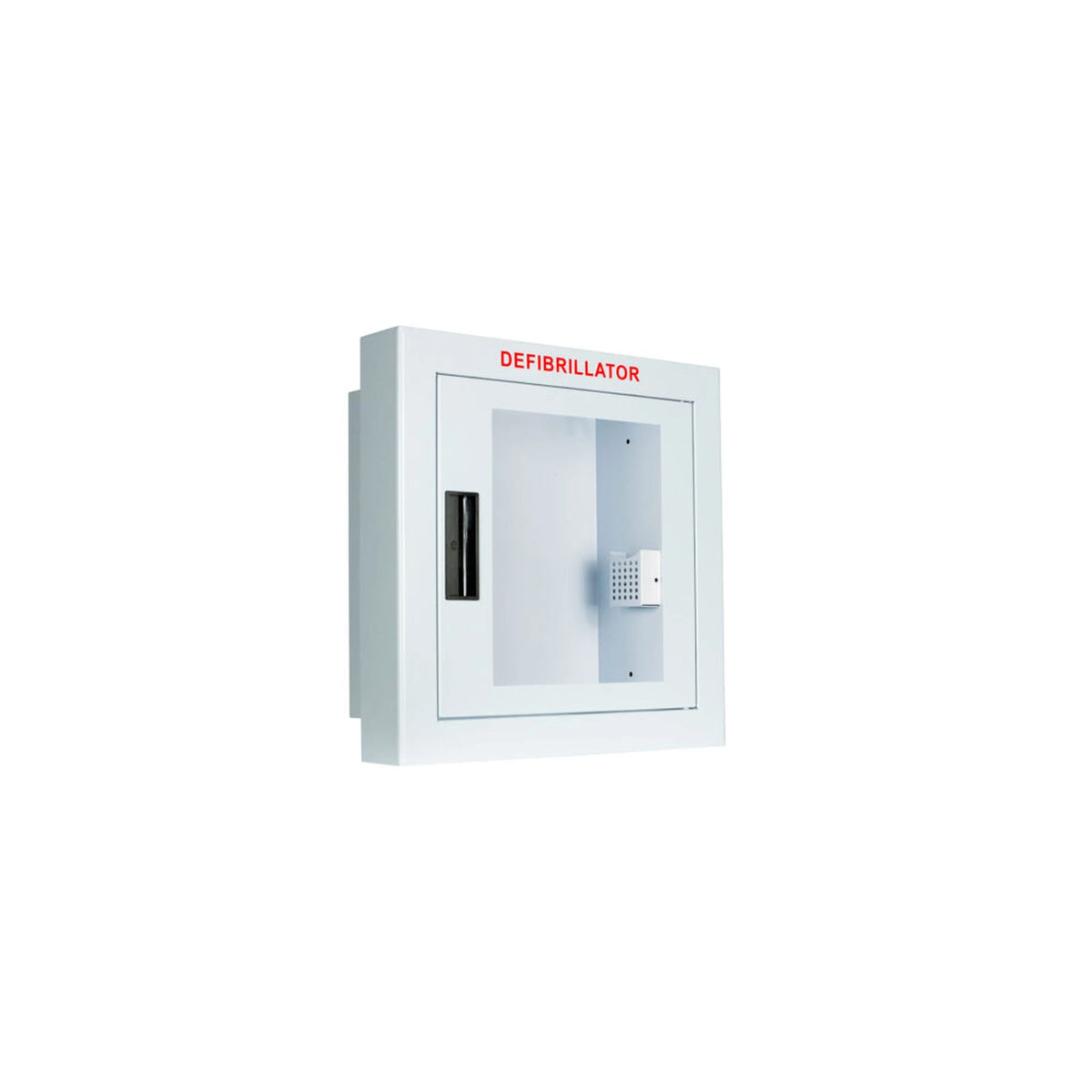 Standard AED wall cabinet with alarm and strobe, semi-recessed, closed white cabinet with flange, angled view