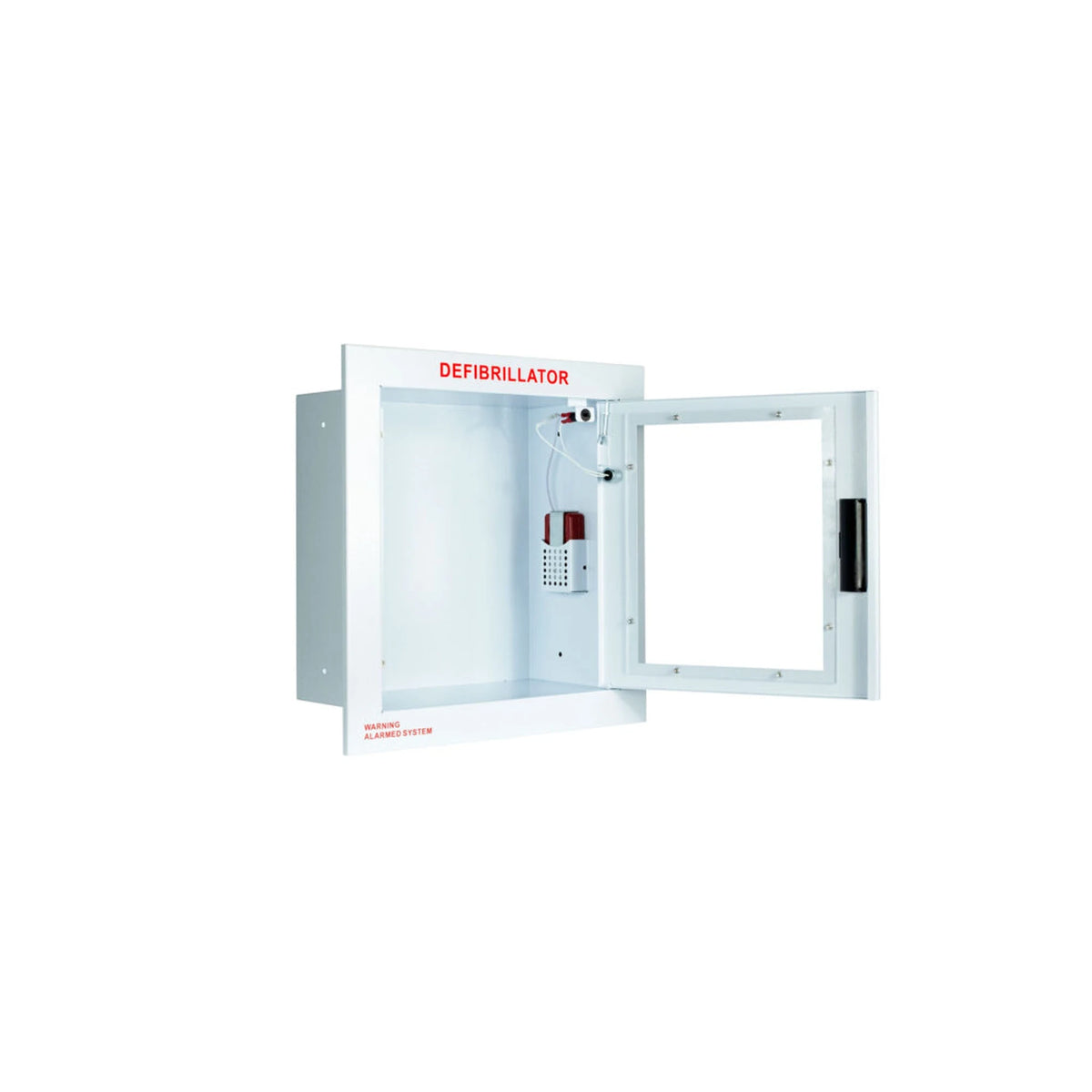 Standard AED wall cabinet with alarm and strobe, recessed, door open showing the wired alarm unit inside