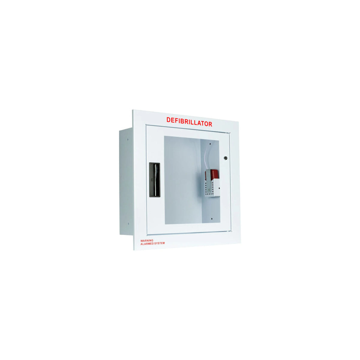 Standard AED wall cabinet with alarm and strobe, recessed, closed cabinet with alarm unit visible through the window