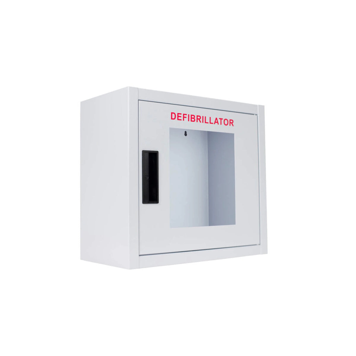 Standard AED wall cabinet, surface mount, white steel with clear window, black handle, and red DEFIBRILLATOR lettering, angled view