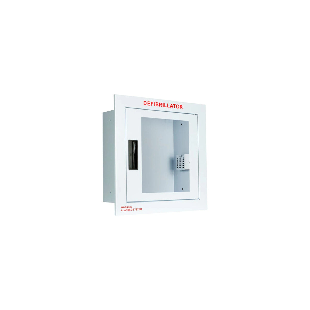 Standard AED wall cabinet, recessed, white steel with trim flange and clear window, red DEFIBRILLATOR lettering, angled view