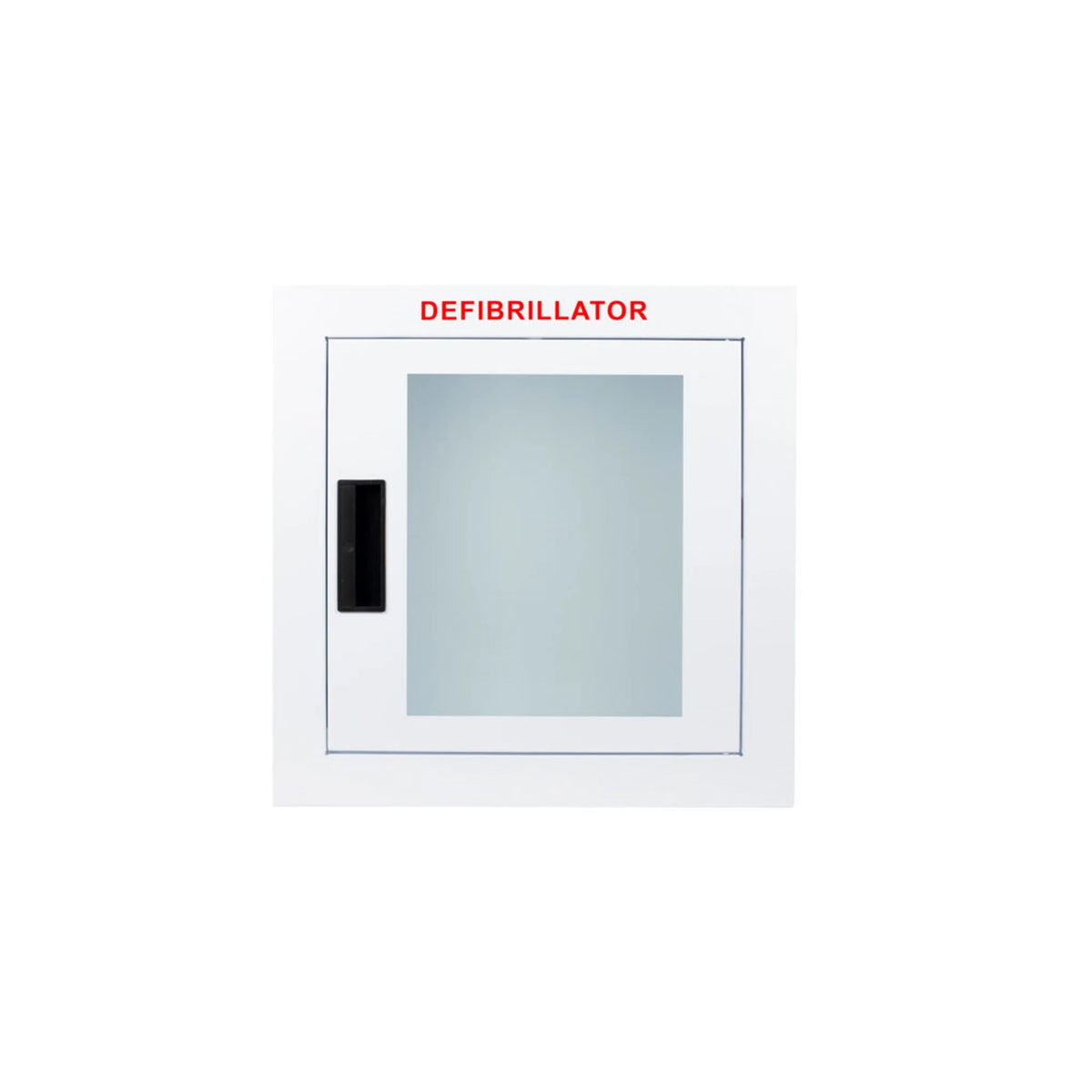 Standard AED wall cabinet, recessed, white steel with trim flange and clear window, red DEFIBRILLATOR lettering, front view