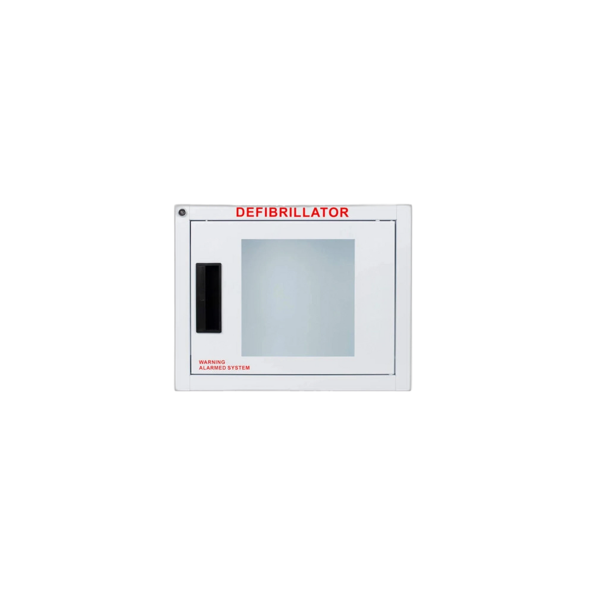 Standard AED wall cabinet with alarm, surface mount, white steel with clear window, red DEFIBRILLATOR and WARNING ALARMED SYSTEM lettering
