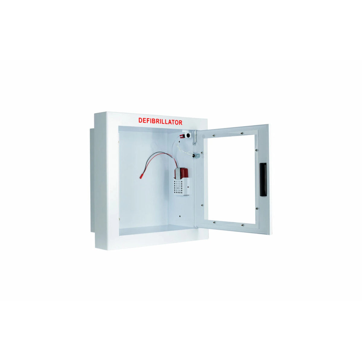 Standard AED wall cabinet with alarm, semi-recessed, door open showing the wired alarm unit inside