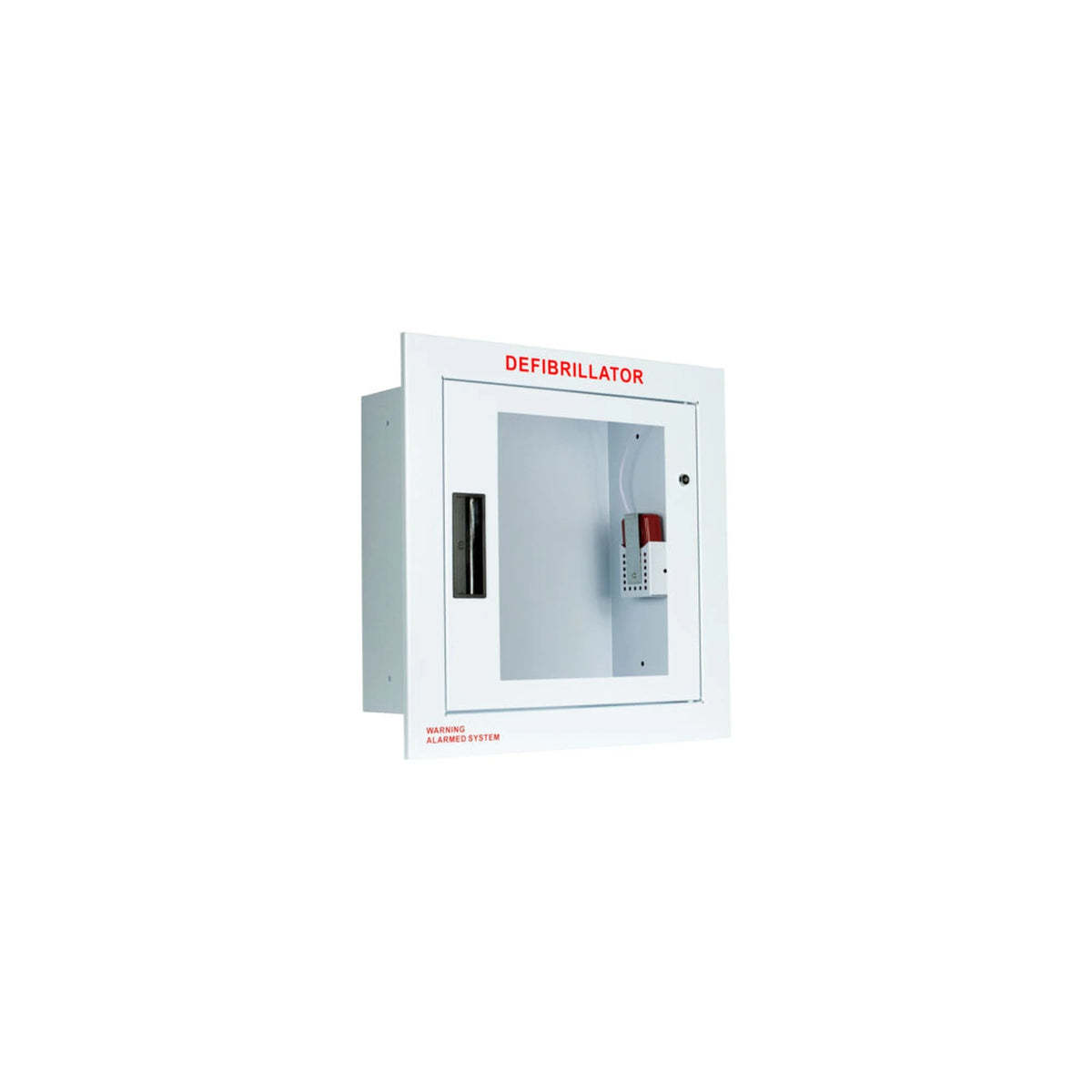 Standard AED wall cabinet with alarm, recessed, closed white cabinet with trim flange and alarm unit visible through the window