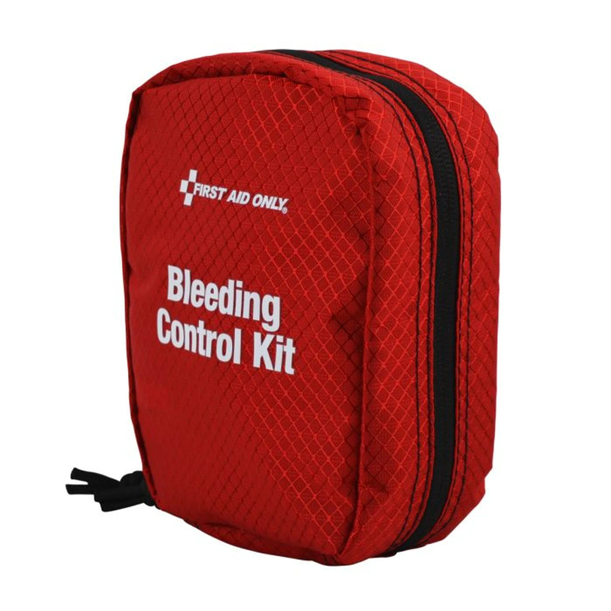 First Aid Only Bleeding Control Kit red pouch, side angle showing the zipper