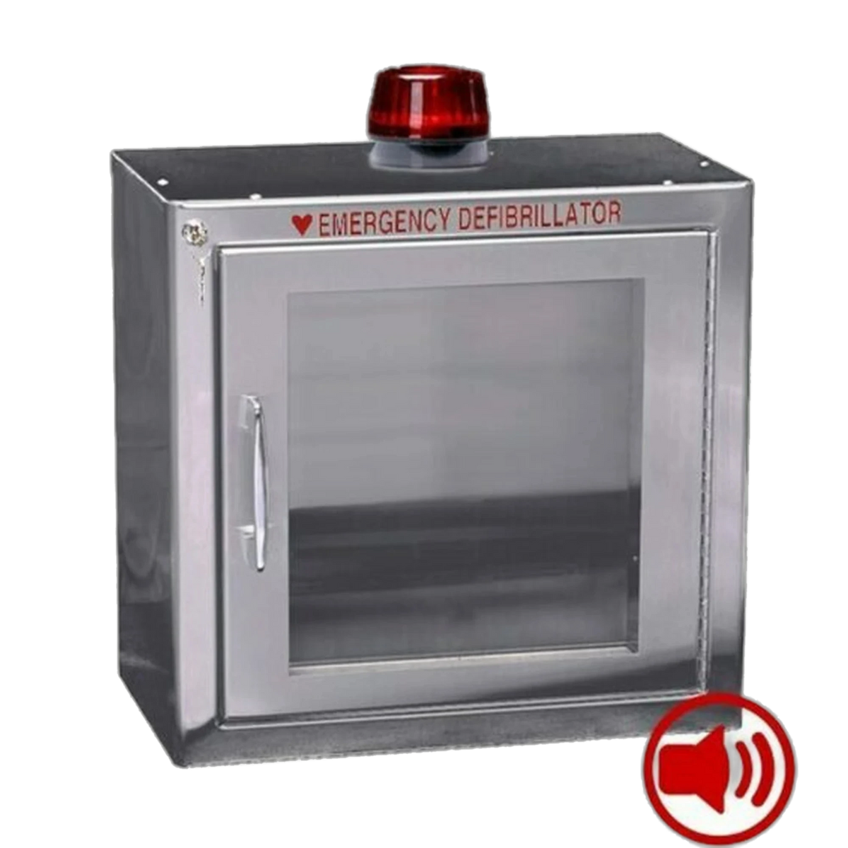 Standard stainless steel AED cabinet with alarm and red strobe light, EMERGENCY DEFIBRILLATOR lettering and speaker icon