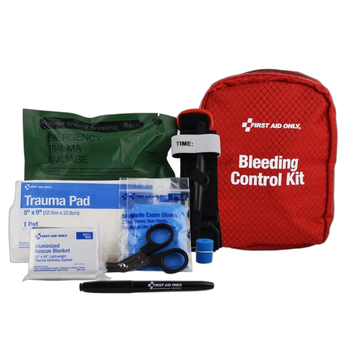 First Aid Only basic Bleeding Control Kit, red pouch with windlass tourniquet, emergency trauma bandage, trauma pad, shears, gloves, and marker