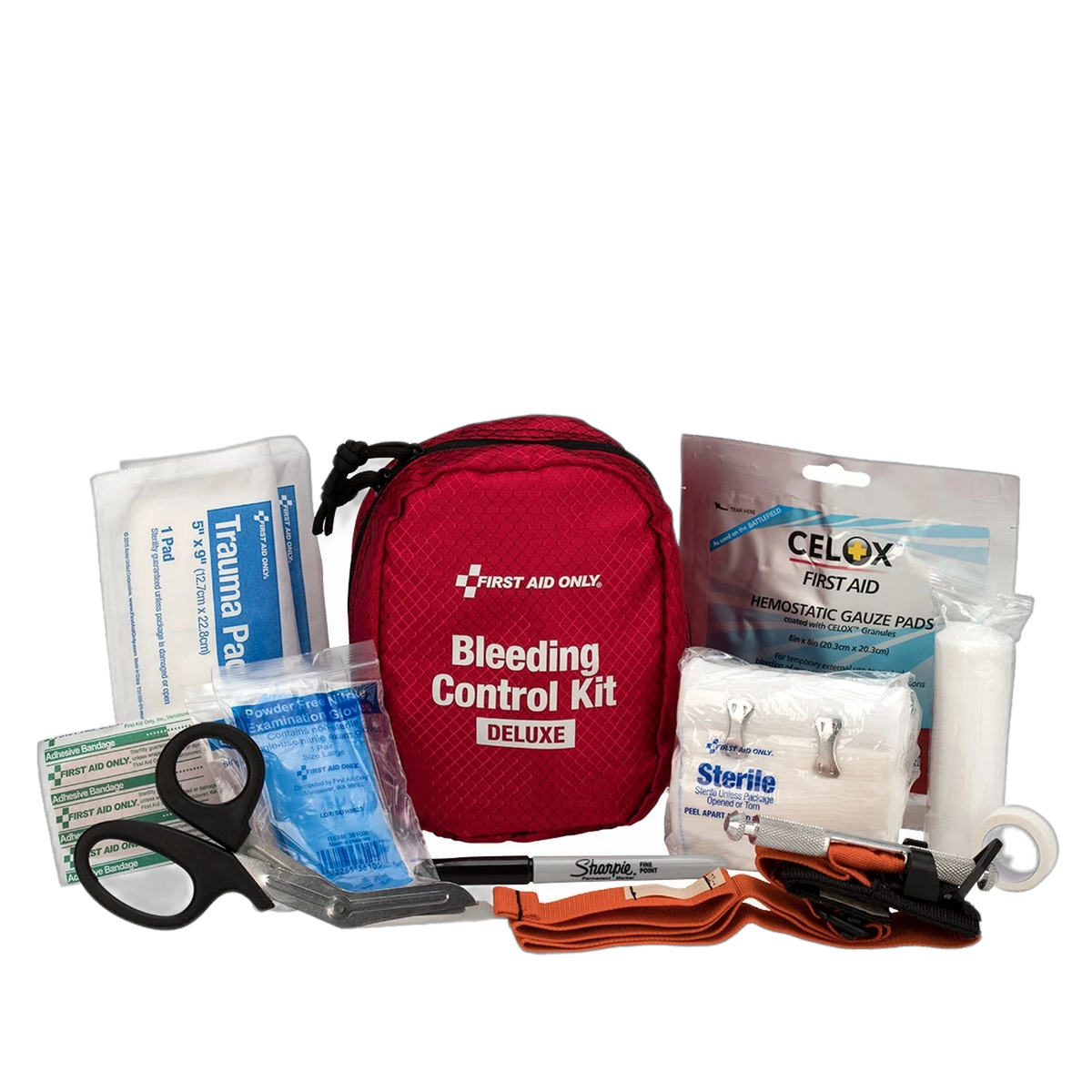 First Aid Only Deluxe Bleeding Control Kit, red pouch with trauma pads, Celox hemostatic gauze, shears, tourniquet, bandages, and marker