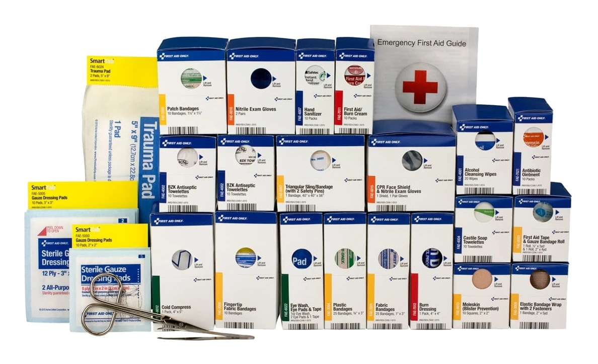 XL and XXL SmartCompliance refill pack contents: trauma pad, gauze pads, first aid guide, and labeled refill boxes