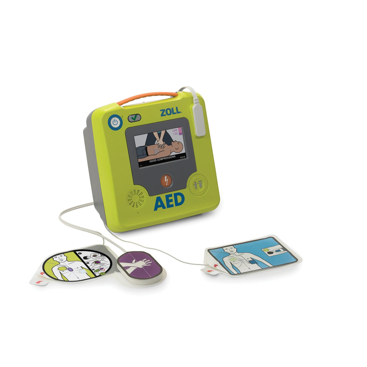 ZOLL AED 3 with the CPR Uni-padz electrode pad laid out, showing live CPR coaching on screen