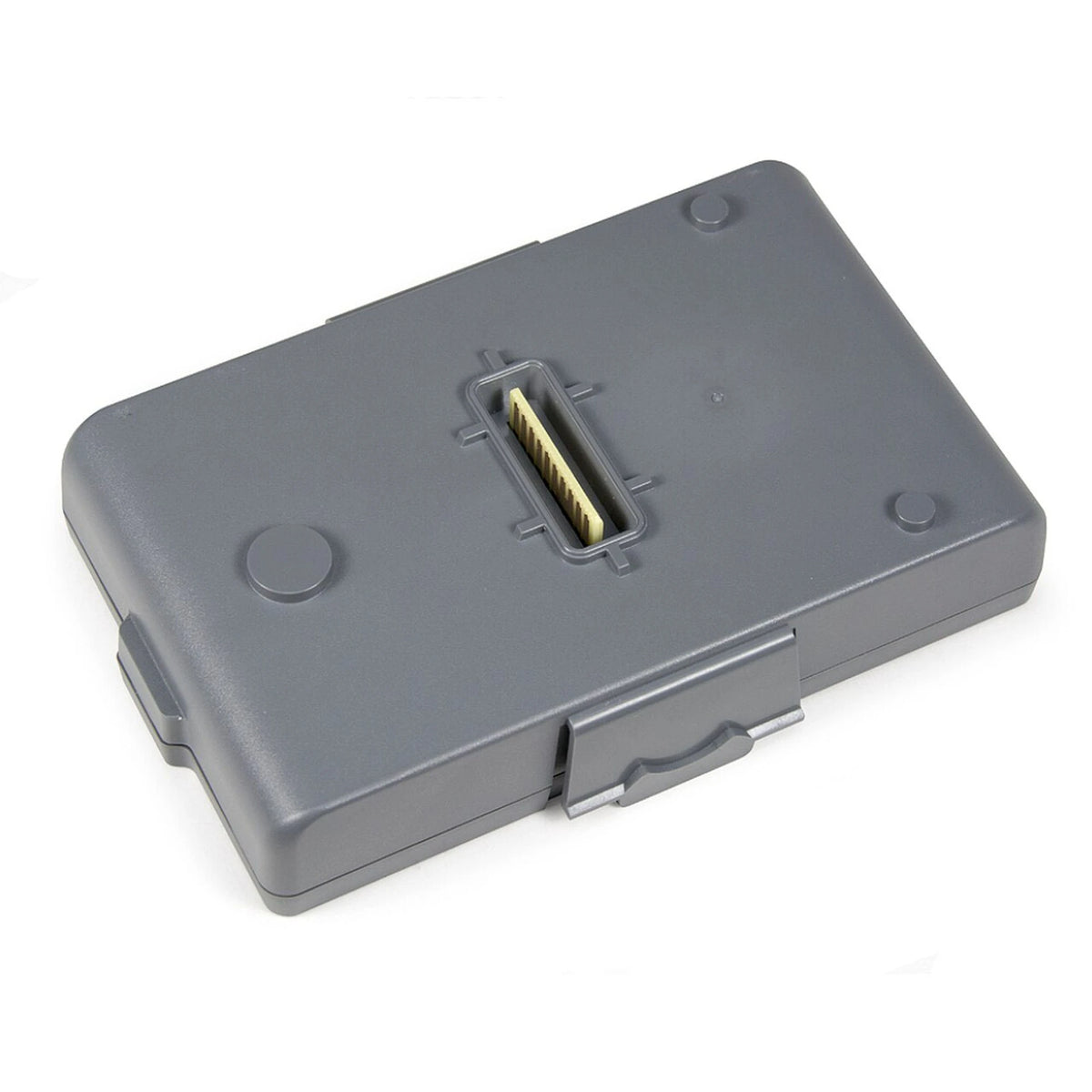 Zoll AED 3 Battery Pack, angled view of the dark gray case showing the connector tab and gold contact pins on the underside