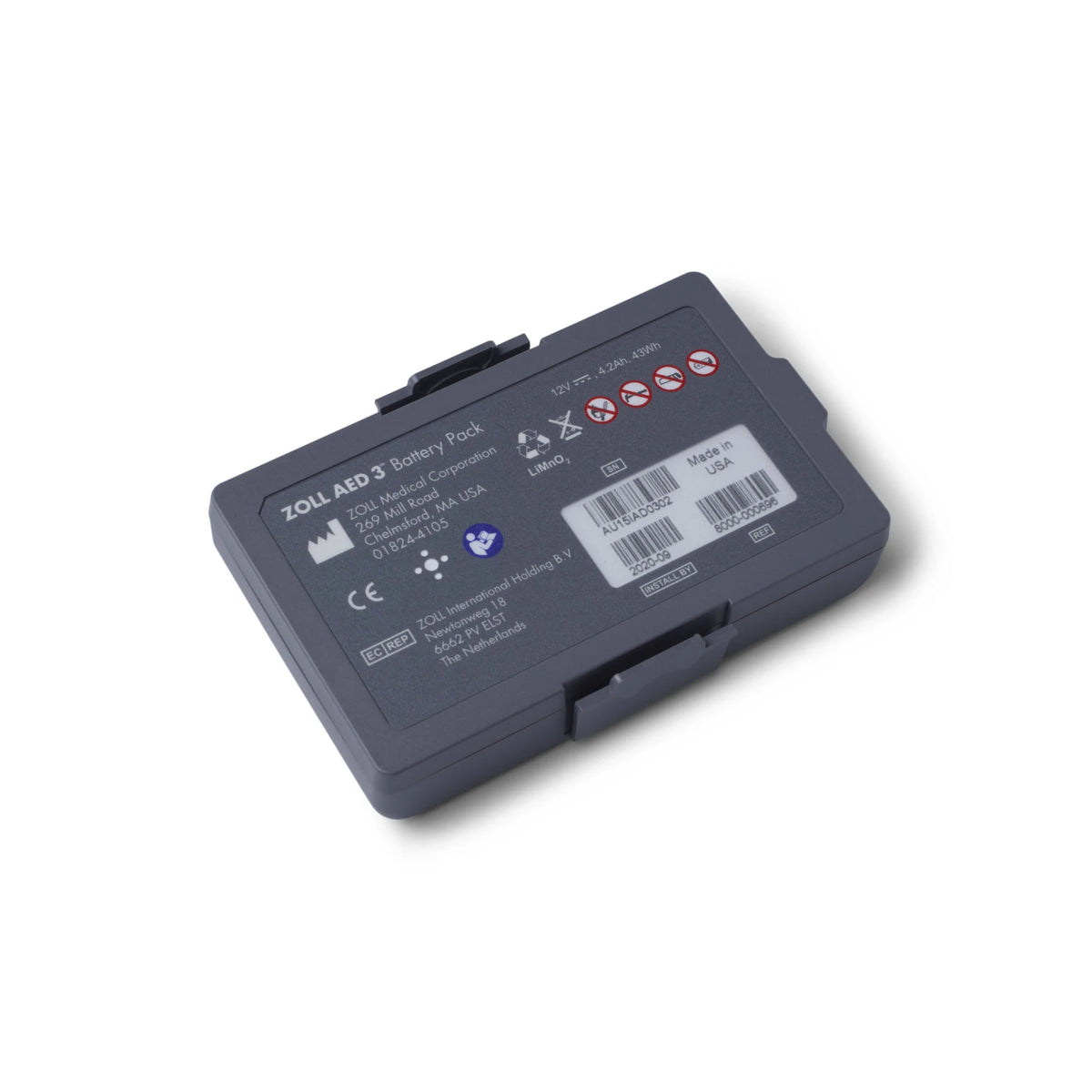 Zoll AED 3 Battery Pack, angled top view showing the label "ZOLL AED 3 Battery Pack," 12V 4.2Ah 43Wh and barcode