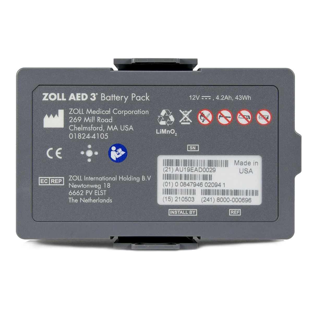 Zoll AED 3 Battery Pack, dark gray rectangular case, front label reading "ZOLL AED 3 Battery Pack," 12V 4.2Ah 43Wh, with manufacturer address and barcode