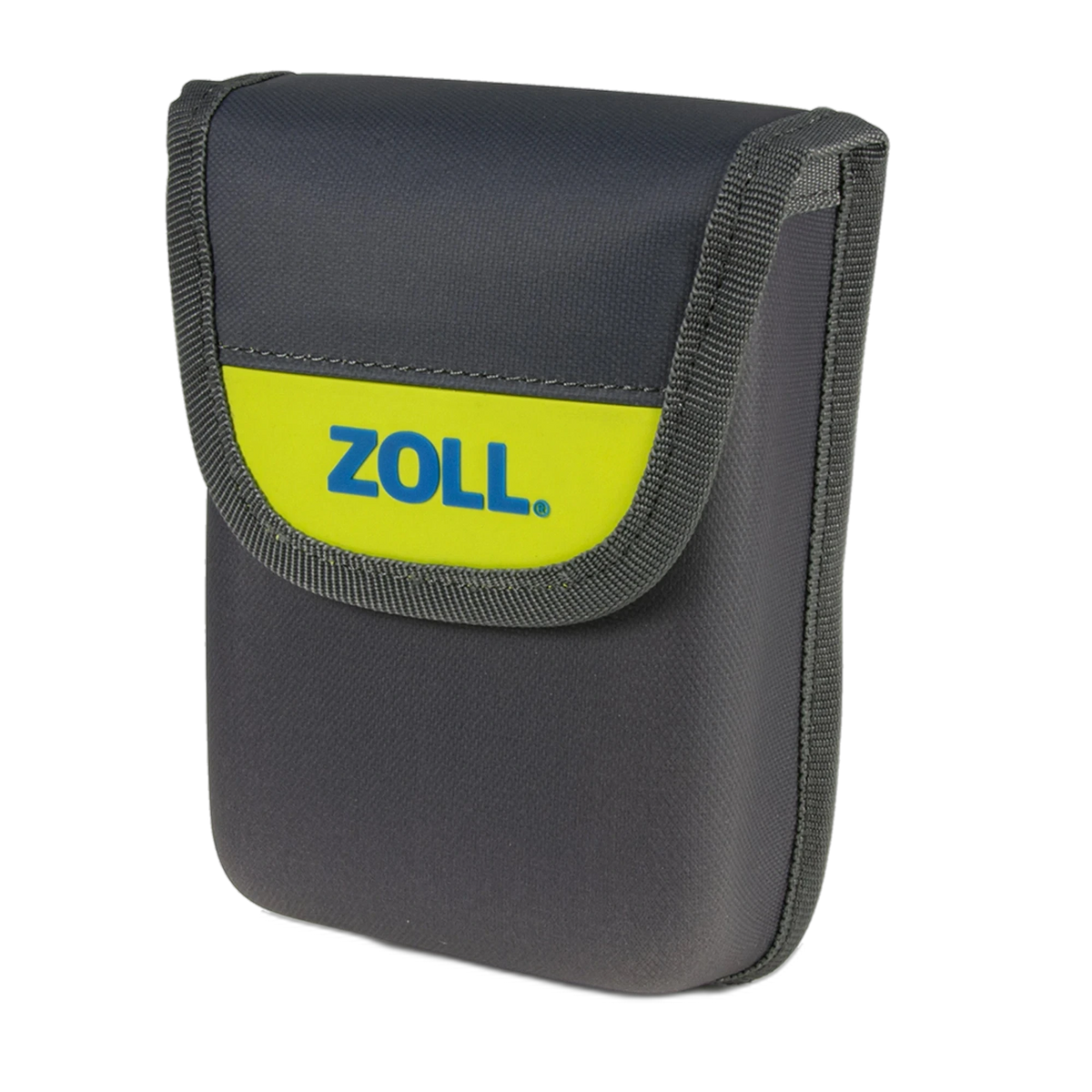 Zoll AED 3 spare battery carrying case, dark gray fabric pouch with a yellow-green "ZOLL" logo panel and Velcro flap closure
