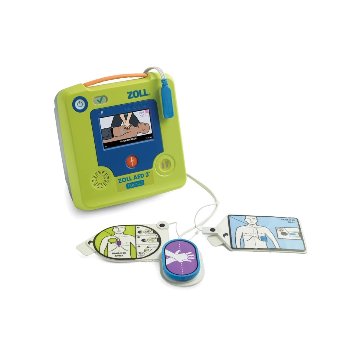 ZOLL AED 3 Trainer with the reusable training CPR Uni-padz electrode pad connected in front