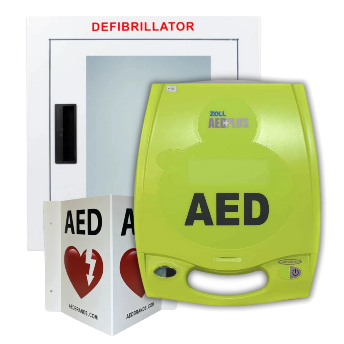 ZOLL AED Plus value package, lime green AED Plus defibrillator in front of a wall-mounted Defibrillator cabinet and AED wall sign