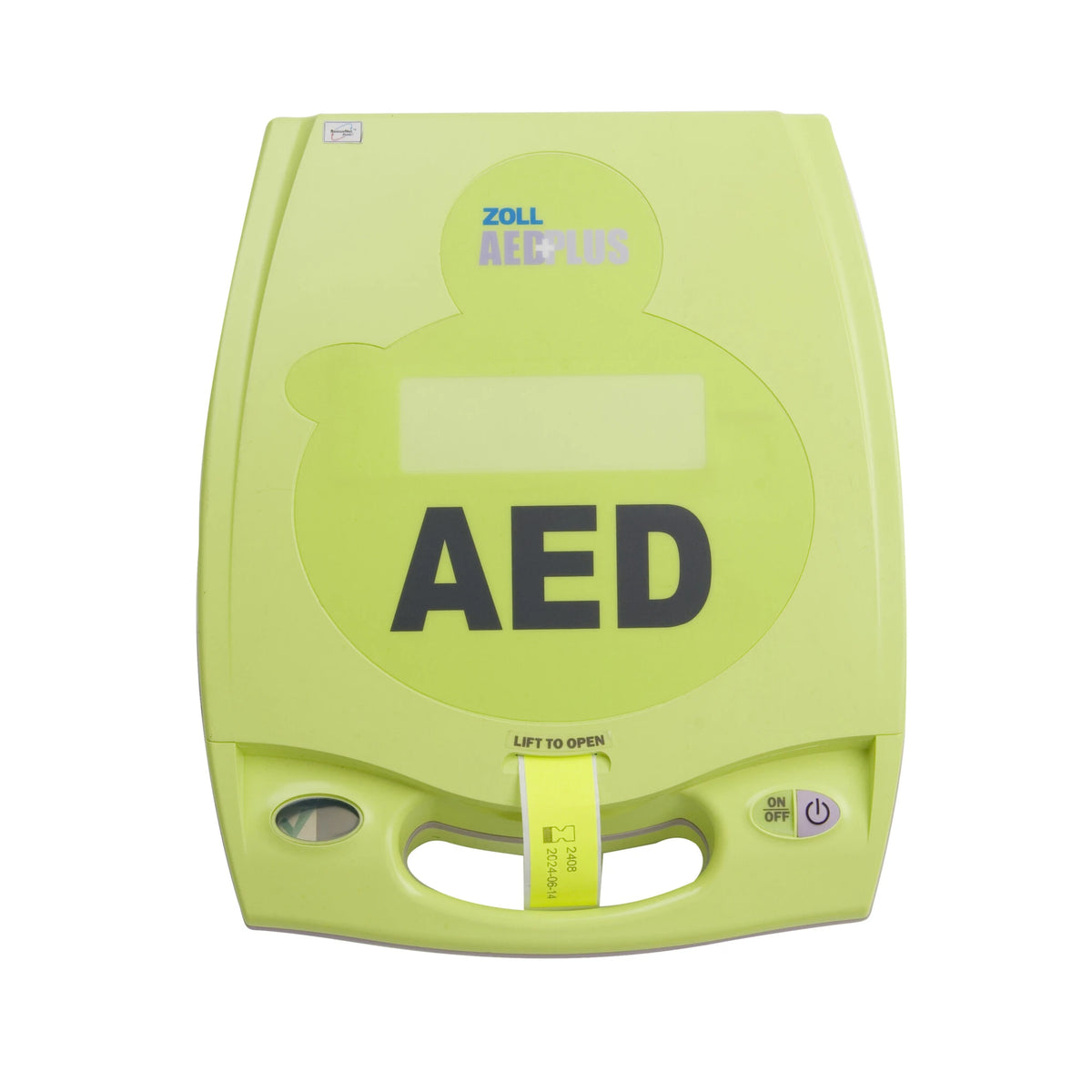 ZOLL AED Plus closed green case, straight-on top view with the AED Plus logo