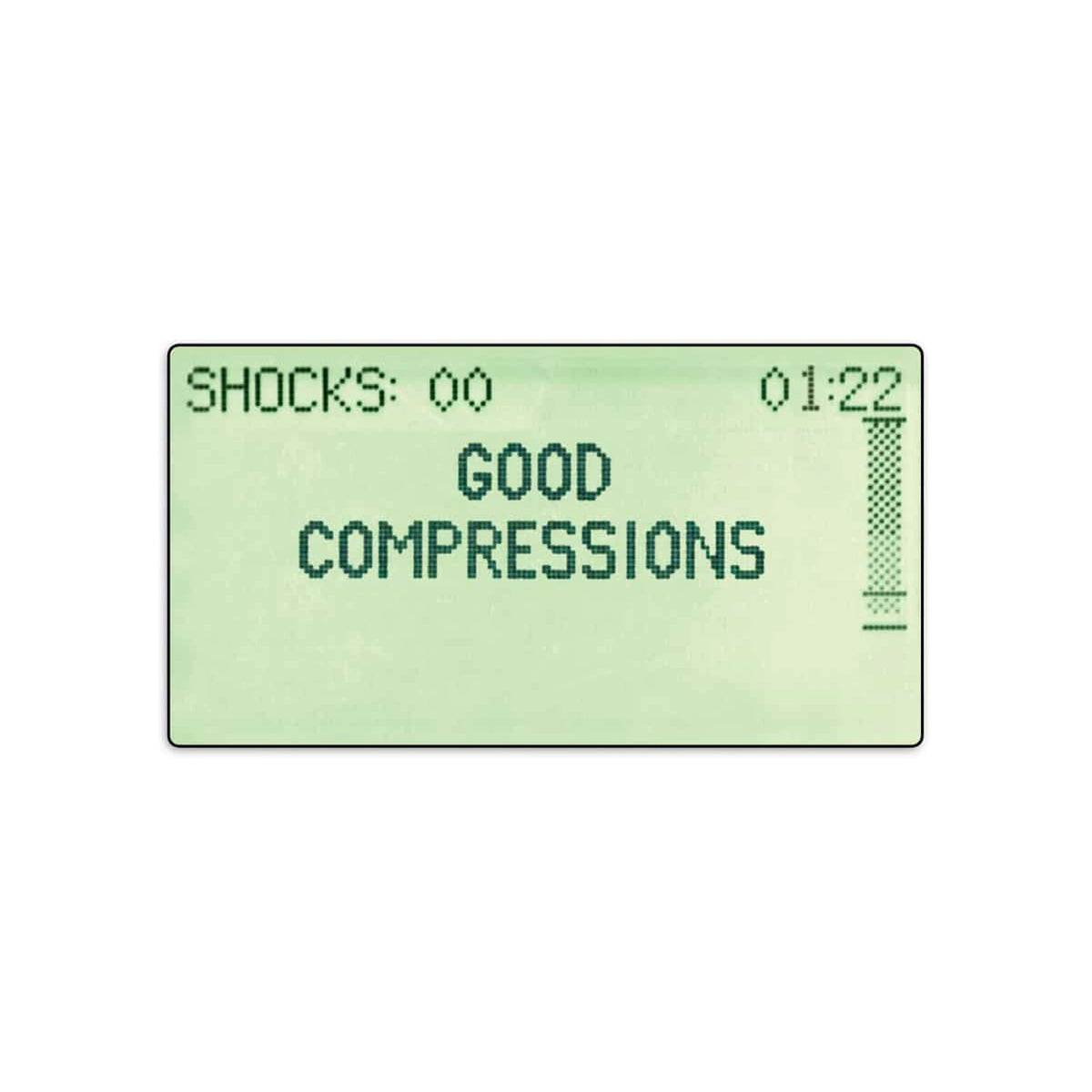 ZOLL AED Plus display screen close-up reading Good Compressions during Real CPR Help feedback