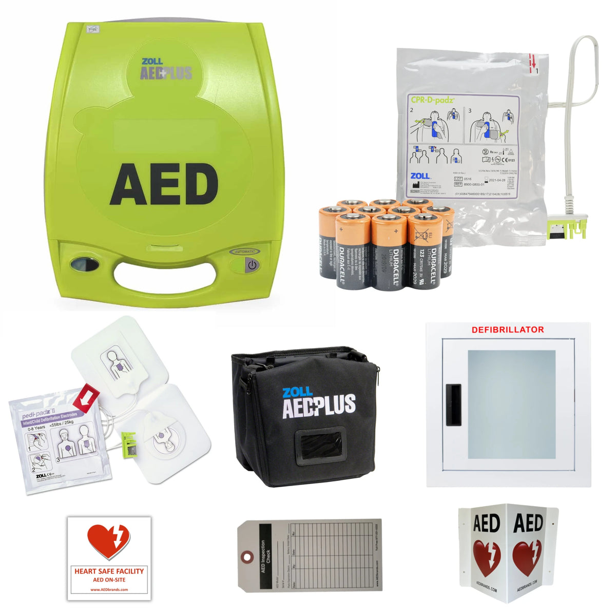 ZOLL AED Plus value package contents grid: lime green AED Plus defibrillator, CPR-D-padz adult electrode pads, Pedi-padz II infant/child electrode pads, ten Duracell 123 lithium batteries, black carrying case, wall cabinet, inspection tag, and AED wall sign